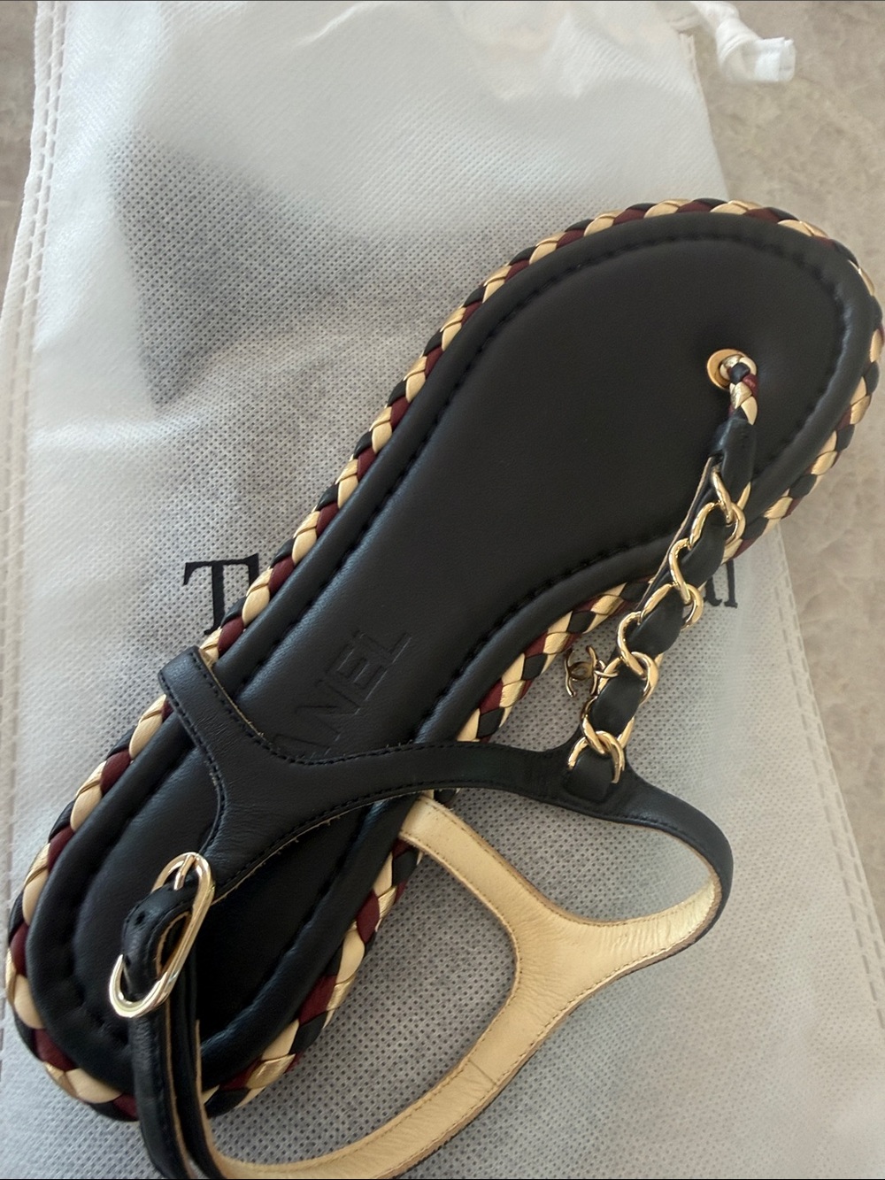 CHANEL Black, Cream & Burgundy Braided Chain T-Strap Sandal